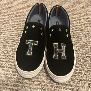 Tommy Hilfiger Sneakers Black Suede Velour TH Logo Stars Slip On Shoes